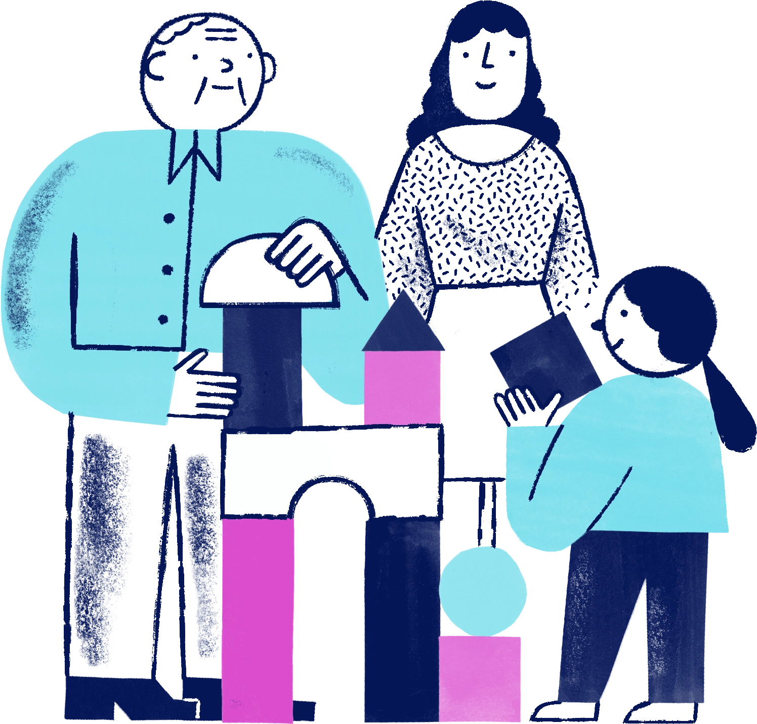ilustración de dos adultos y una niña construyendo una torre con bloques